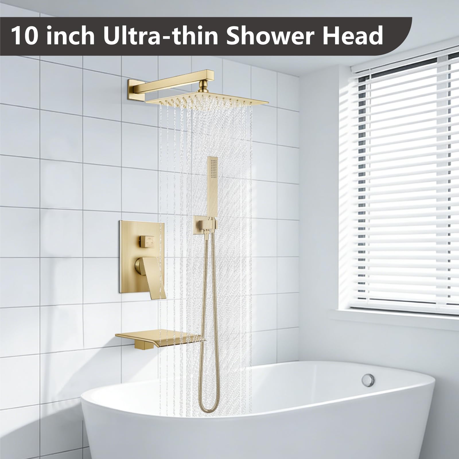 Sistema de ducha con caño para bañera, juego de grifería para bañera y ducha con cabezal de lluvia cuadrado y rociador de mano, juego de grifería de pared para bañera con válvula y kit de embellece