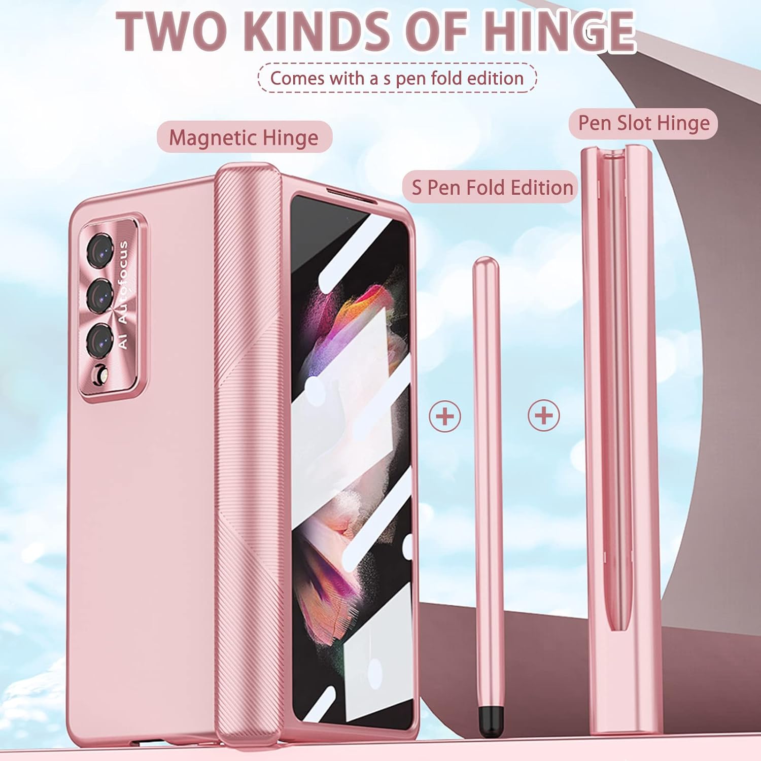 NINKI Compatible Magnetic Hinged Case for Samsung Z Fold 4 Case with S Pen & S Pen Holder,4 in 1 Full Protective Screen Protector Case for Galaxy Z Fold 4 Case,Galaxy Z Fold 4 5g Case Pen Holder Pink