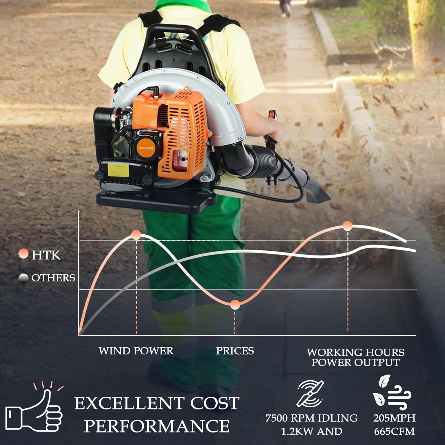 Backpack Leaf Blower, 63CC 2-Stroke Engine Gas Leaf Blower, High Strength Snow Blower, 665 CFM Air Volume, 6800R/min, Ergonomic Design, Handheld Leaf Blower for Dust, Snow, Debris, Outdoor
