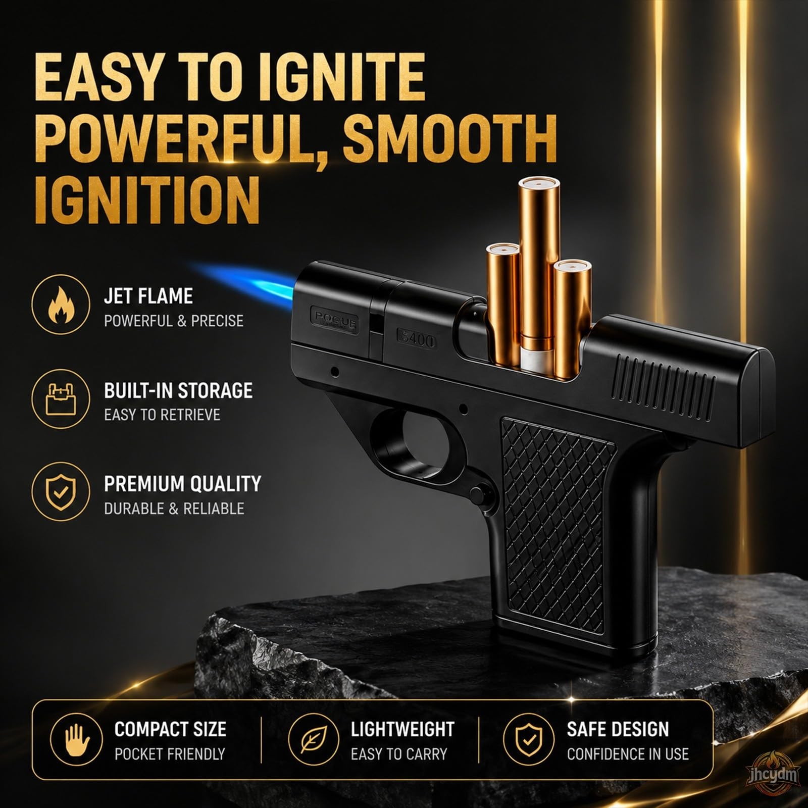 Windproof lighter (with cigarette case), blue jet flame.