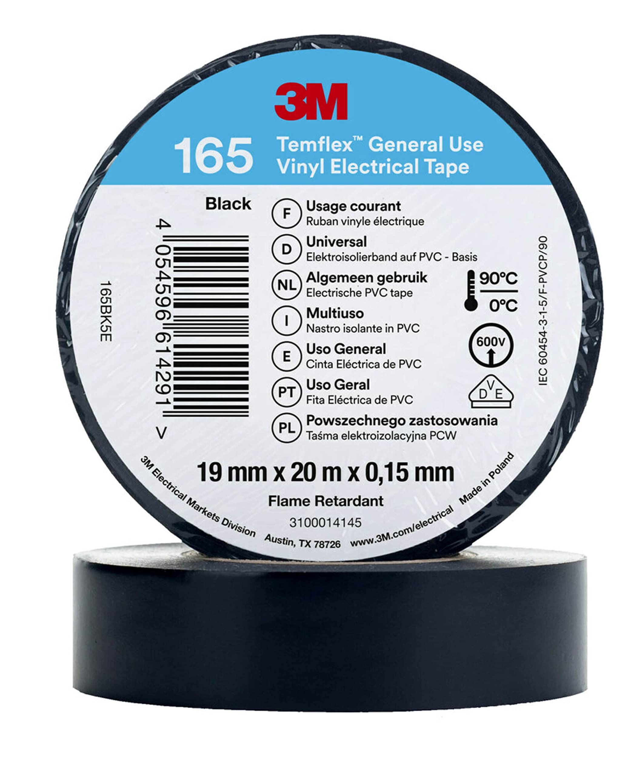 3M Temflex 165 - Cinta aislante, vinilo negro, 0,152 mm x 19 mm x 20 m