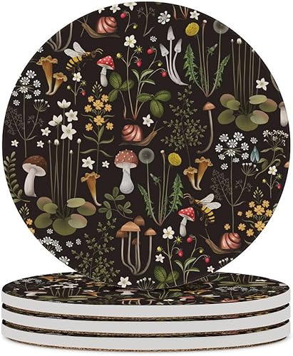 Miniatura 34 de Posavasos botánicos, posavasos redondos de cerámica redondos, 4 unidades, diseño de plantas vintage, diseño botánico de dibujos animados, hongos