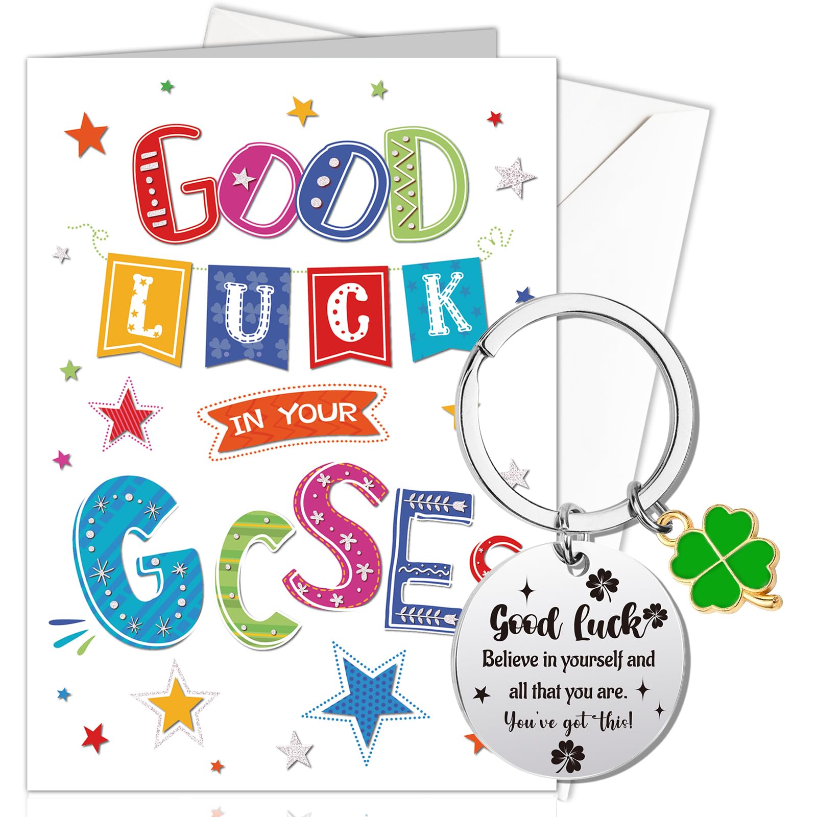 HOWAF GCSE Good Luck Gift for Boys Girls Good Luck GCSE Card GCSE Good Luck Card Exams Card with Envelope & Exam Gifts Four Leaf Clover Keyring Keychain Motivational Inspirational Positive Gifts