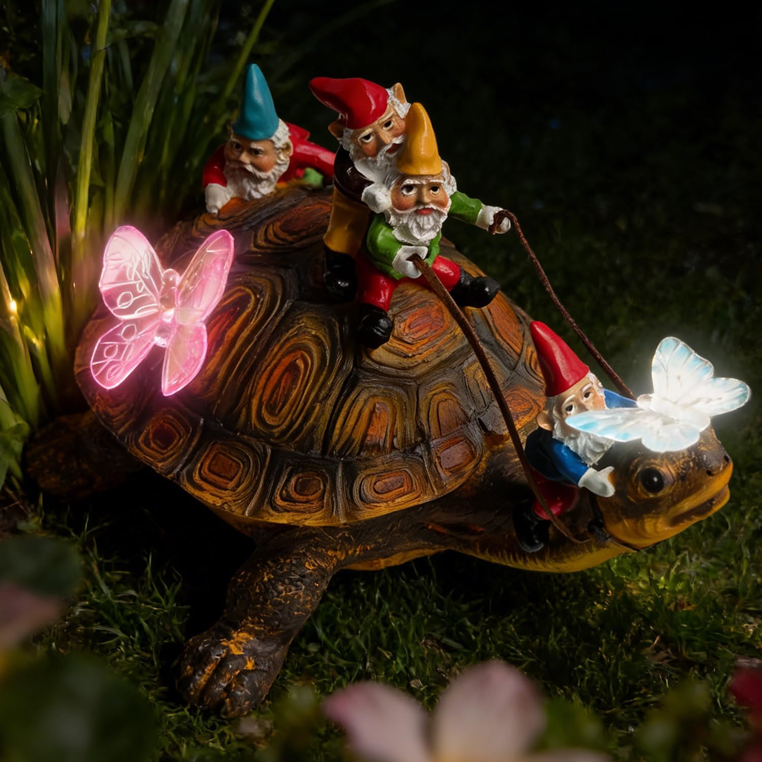 Solar Funny Garden Gnomes Turtle Figurine Colorful Gradent LED Lights Decorations for Yard Sculpture Outdoor Statue