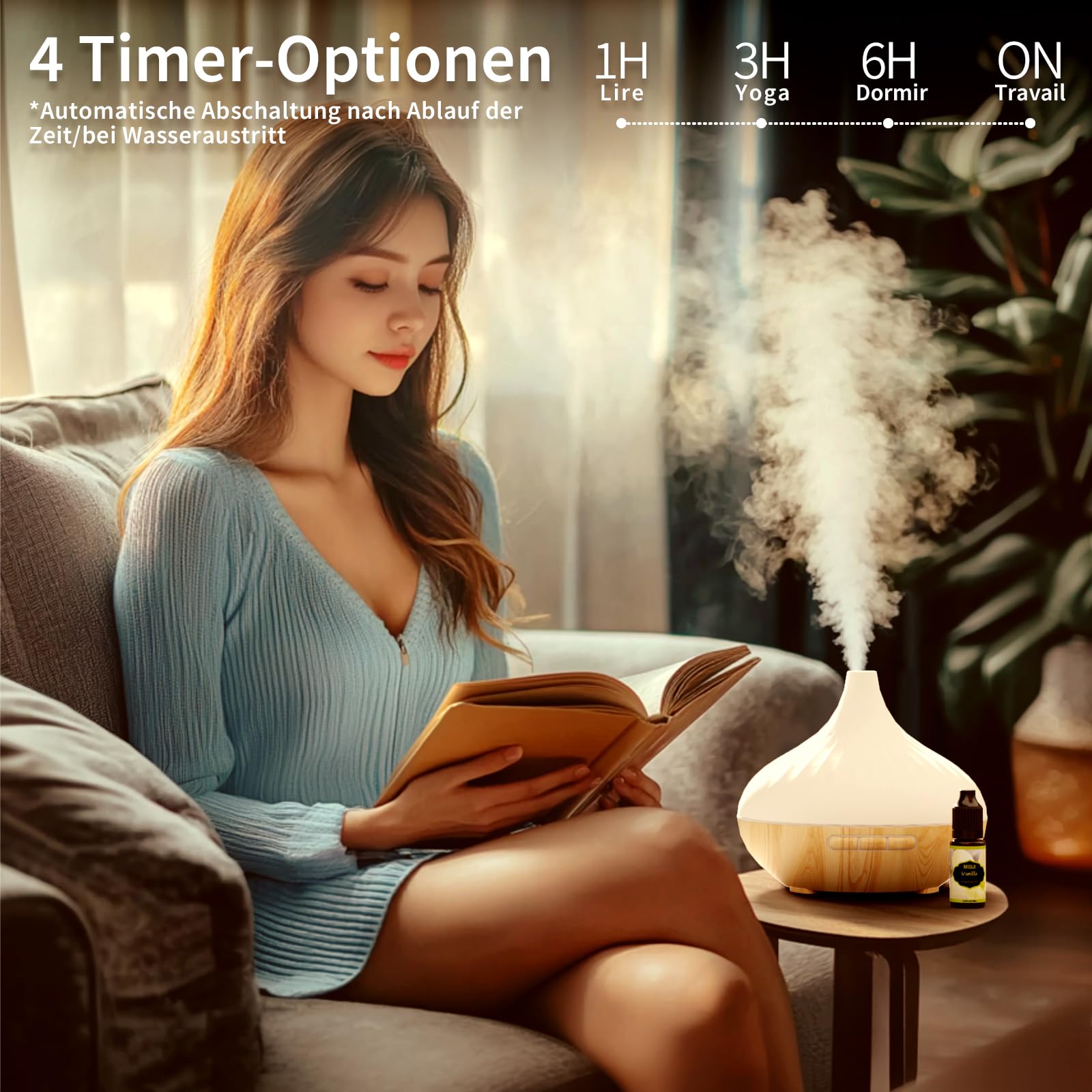 Aroma Diffuser für Duftöle 500ML,mit Fernbedienung und Flower Ätherische Öle Set 6x10 ML,4 Timer-Einstellung,7 Arten LED Lichtfarben