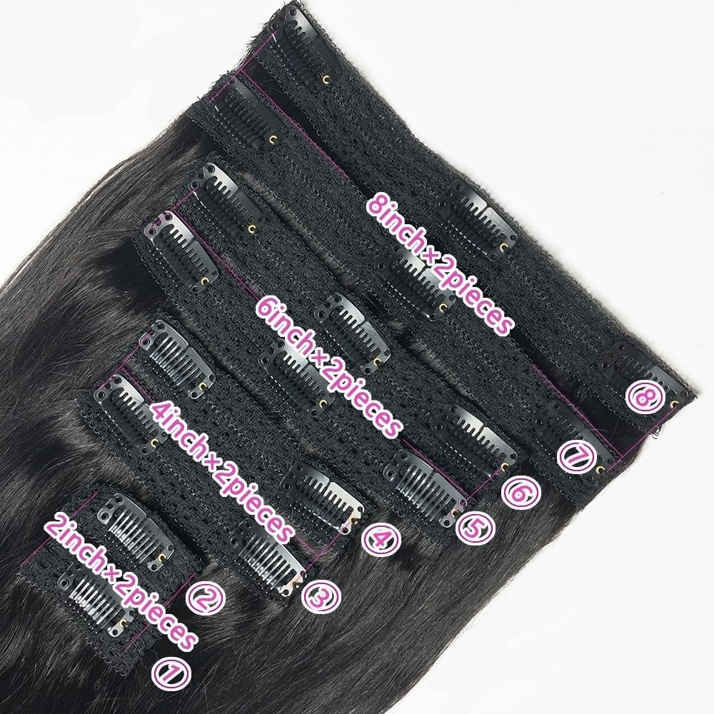 Extensiones de cabello humano con clip de 10 a 26 pulgadas, gruesas, sedosas, rectas, cabeza completa, 8 piezas, 18 clips, extensiones de cabello Remy brasileño de doble trama, color negro natural(10i