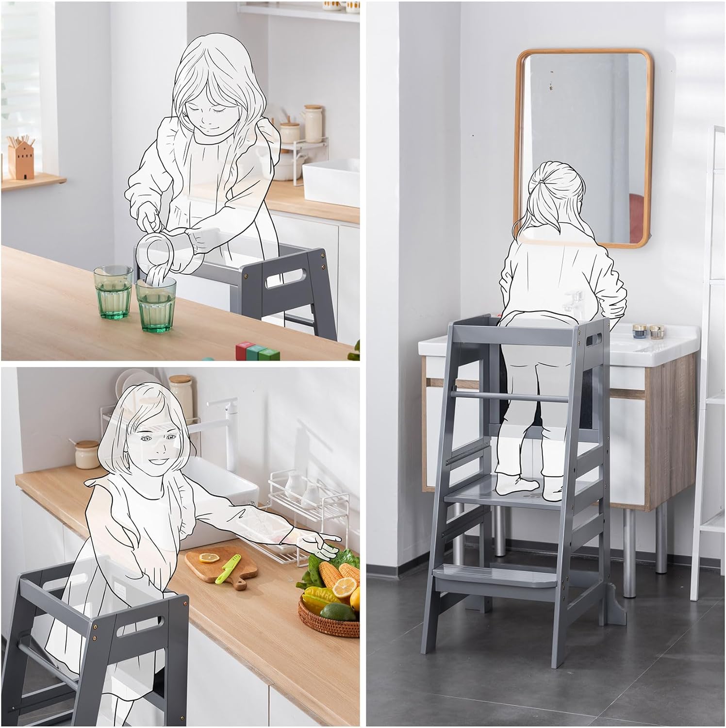 UNICOO Bamboo Adjustable Height Kids Kitchen Step Stool, Toddler Learning Tower & Helper Stool for Bathroom, Kitchen Counter - Designed for Toddler's Growth and Independence (P042-Grey)