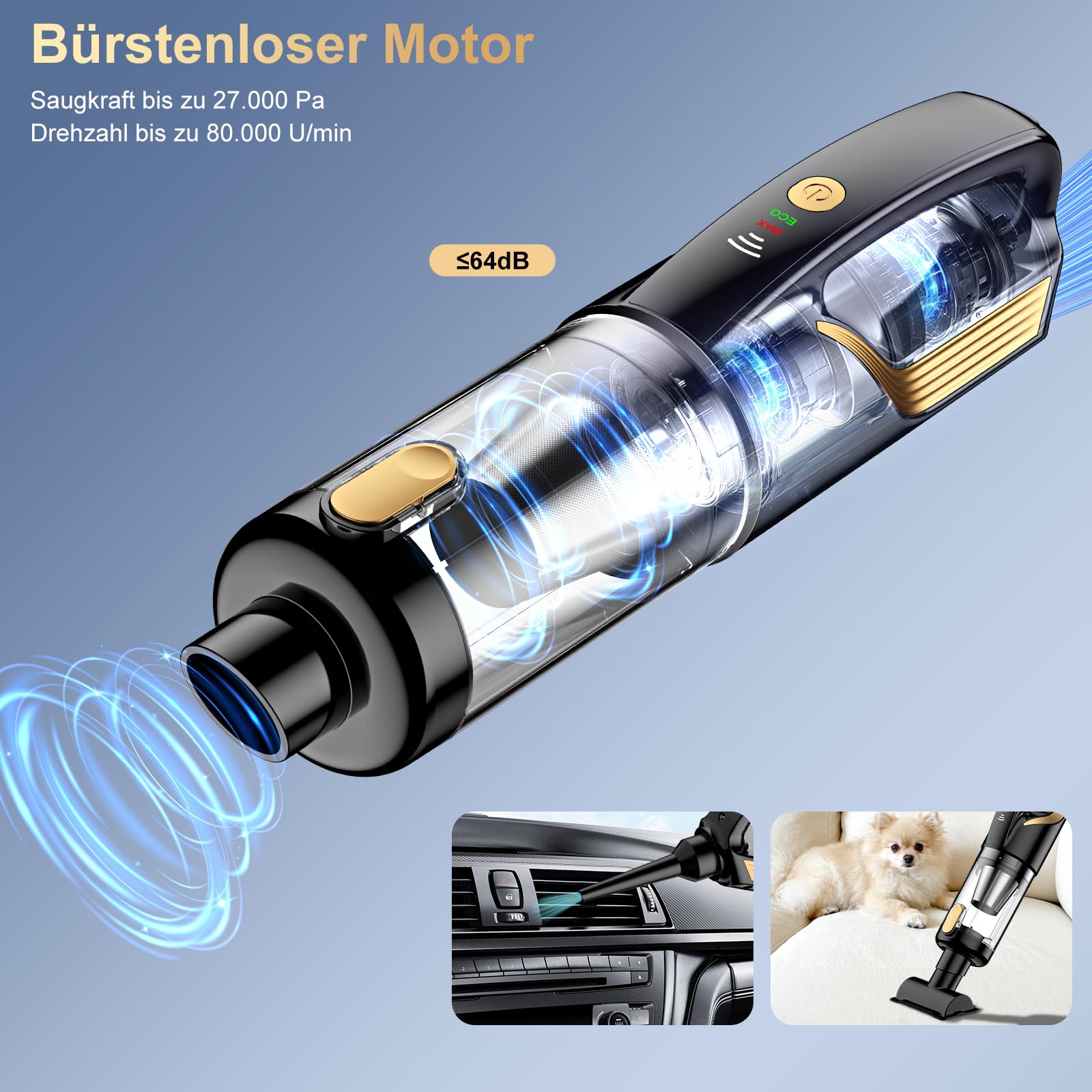 RABIGALA Handstaubsauger Akku 4-in-1, 27000PA Auto Staubsauger Stark, Autostaubsauger Kabellos mit 12V Kfz-Zigarettenanzünder-Anschlusskabel 5m, 2-Gang Handstaubsauger Auto für Auto, Haushalt