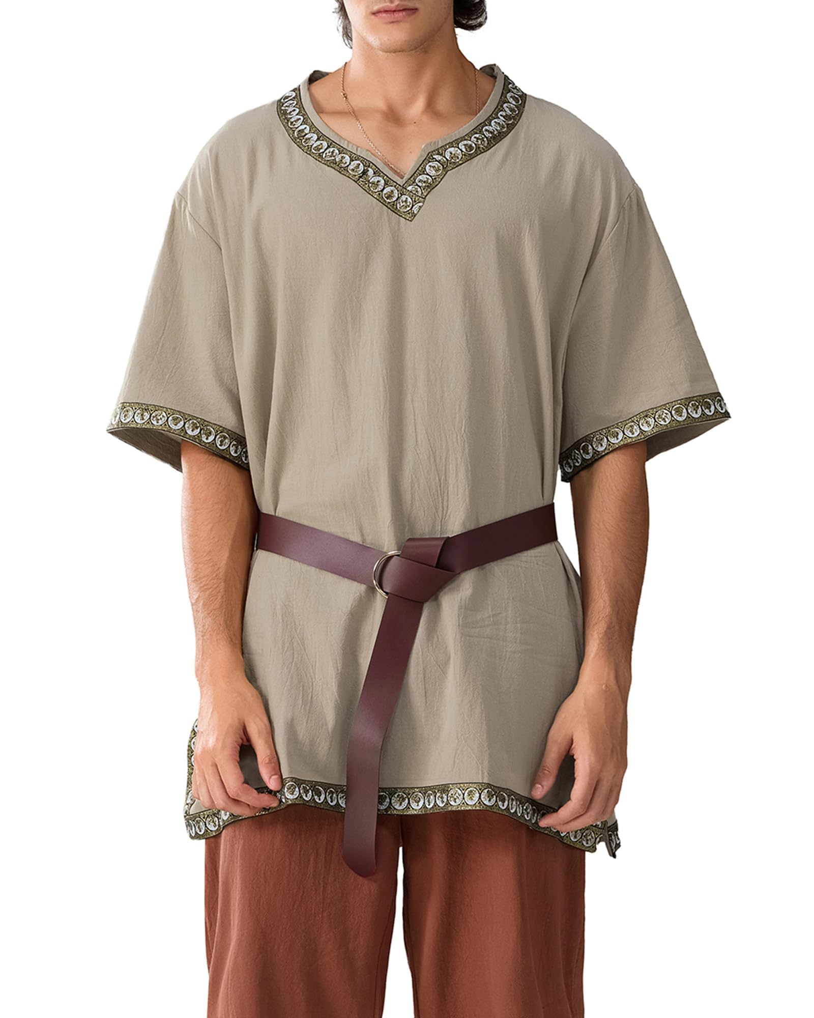 ensswliz Men Medieval Costume Renaissance Templar Tunic Viking Knight Pirate Vintage Warrior Halloween Cosplay Party Tops No Belt (A-Khaki, M)