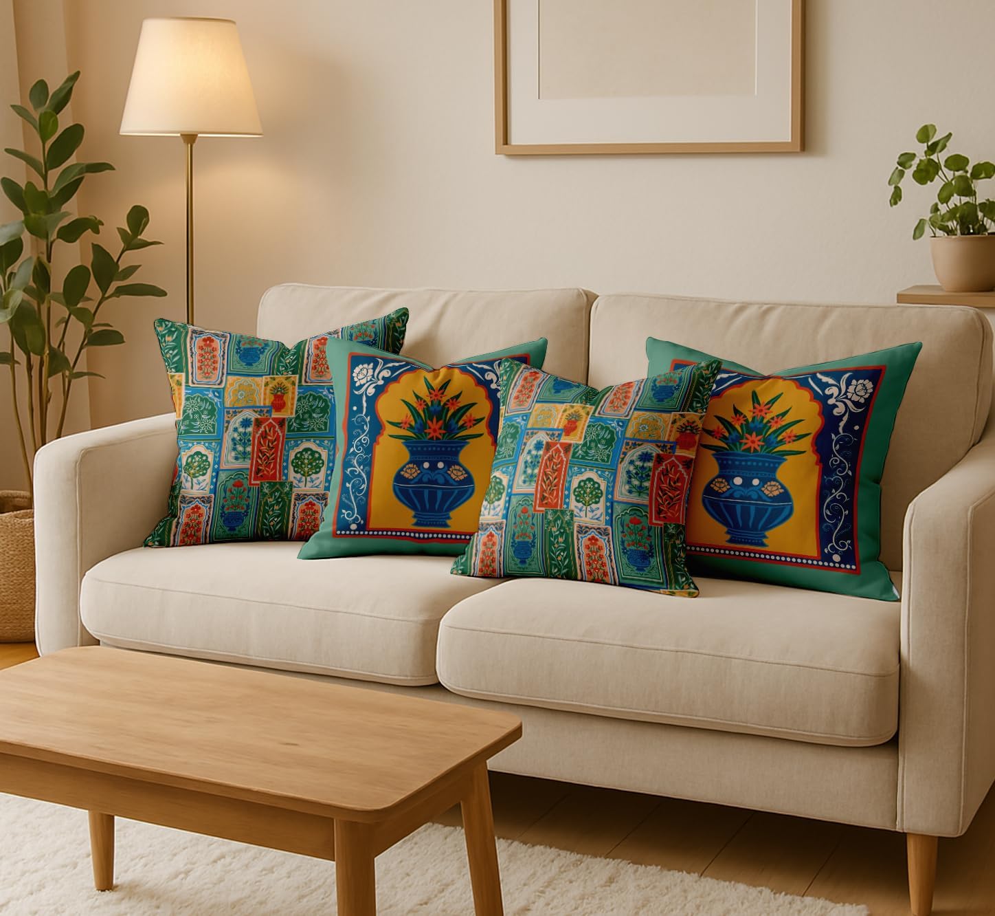 Patchwork Design, Decorative Cushion Covers Set of 4-16x16 Inch, 100% Cotton, Printed on Both Sides, Hidden Zipper, Green