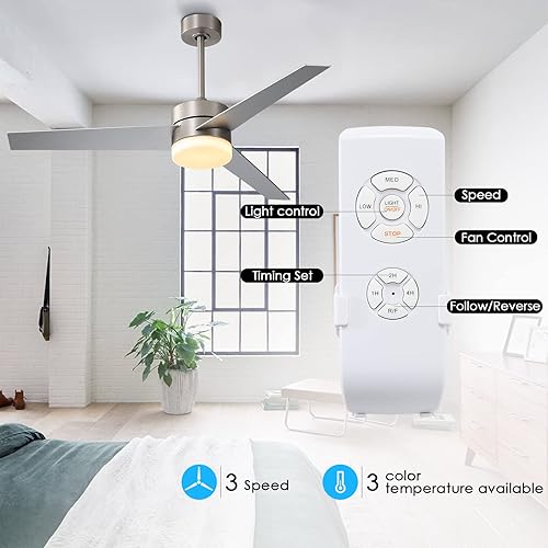 Miniatura 2 de WINGBO Ventilador de techo moderno de 52 pulgadas con luces y control remoto, ventilador de techo contemporáneo de níquel cepillado, 3 aspas