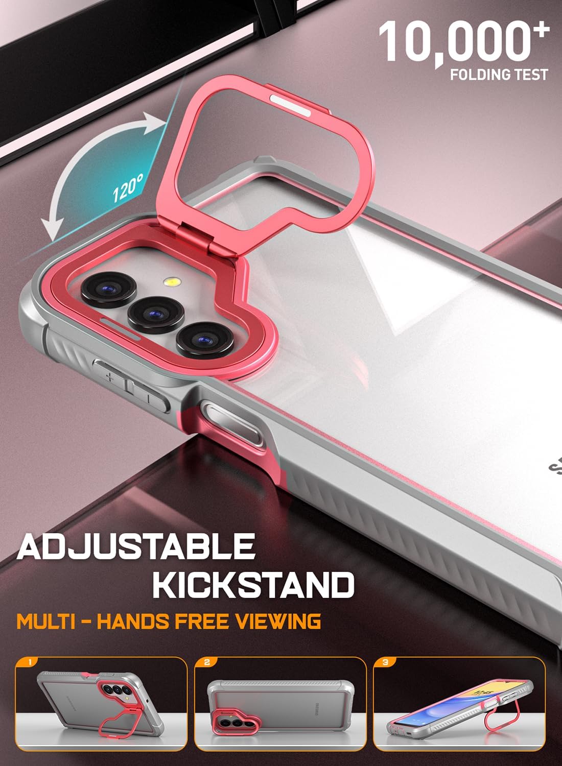 Poetic Guardian Case for Samsung Galaxy A15 5G (2024), [Built-in Camera Stand][2 Front Frames] Full Body Shockproof Protective Rugged Clear Cover with Built-in Screen Protector, Pink/Clear