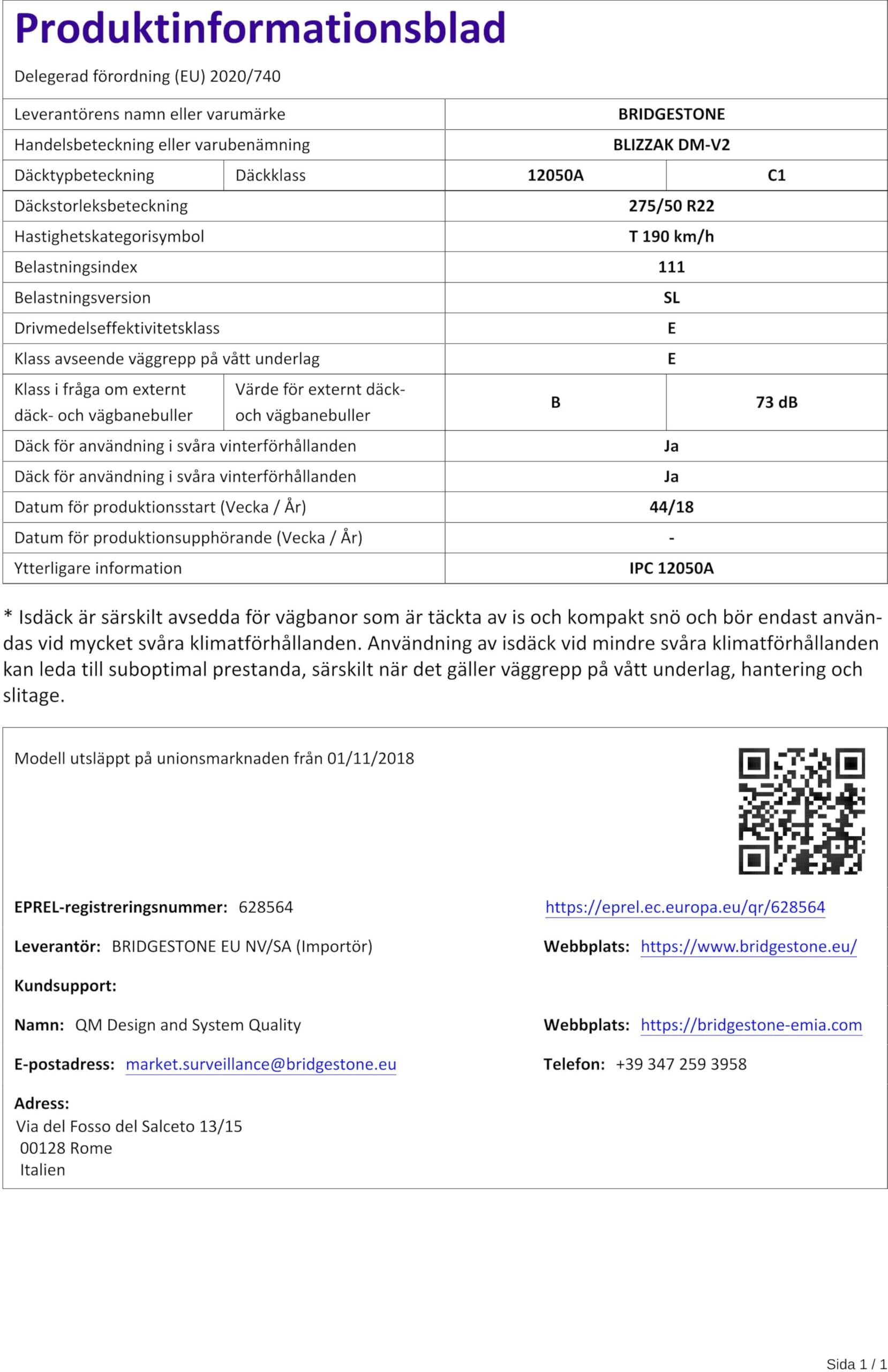 Bridgestone BLIZZAK DM-V2-275/50 R22 111T - F/F/73 - Winterreifen (SUV & 4x4)