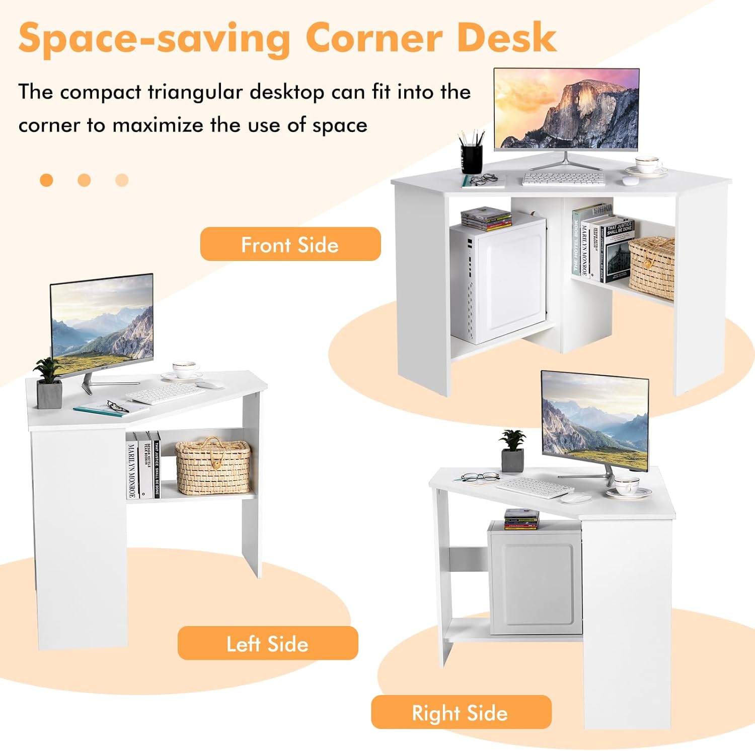COSTWAY Corner Computer Desk, Space-Saving Triangular Writing Desk w/ 2 Storage Shelves & 2 Cable Holes, Multi-Functional Console Table for Small Space in Home Office, Living Room, Bedroom (White)