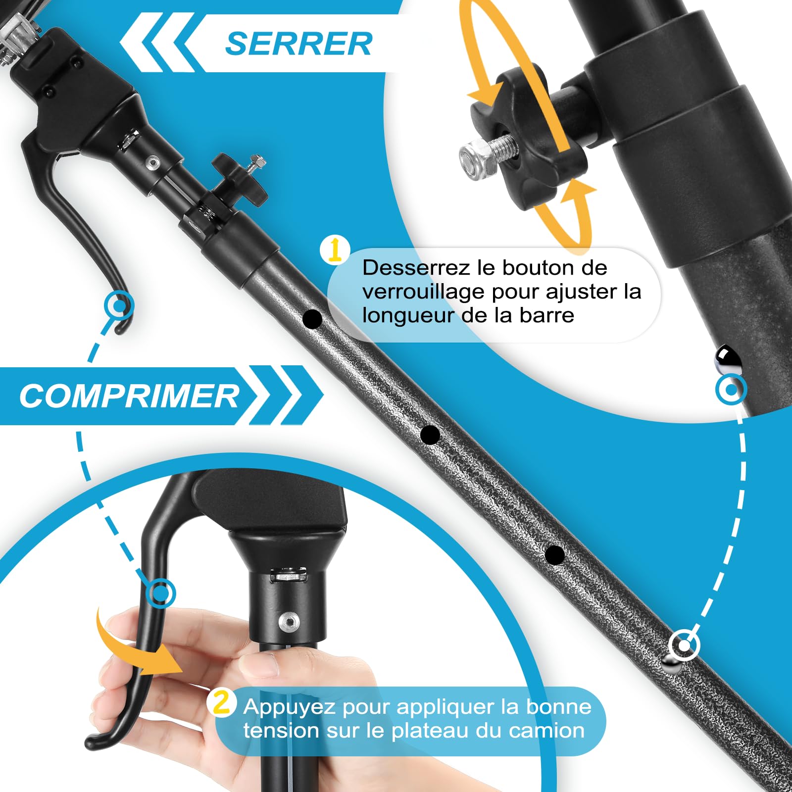 Barre de Cargaison pour Pick-up, SUV, Remorque, Van, Ajustable de 100 à 180 CM, Inclut 1 Filet de Rangement Premium et 1 Barre de Séparation