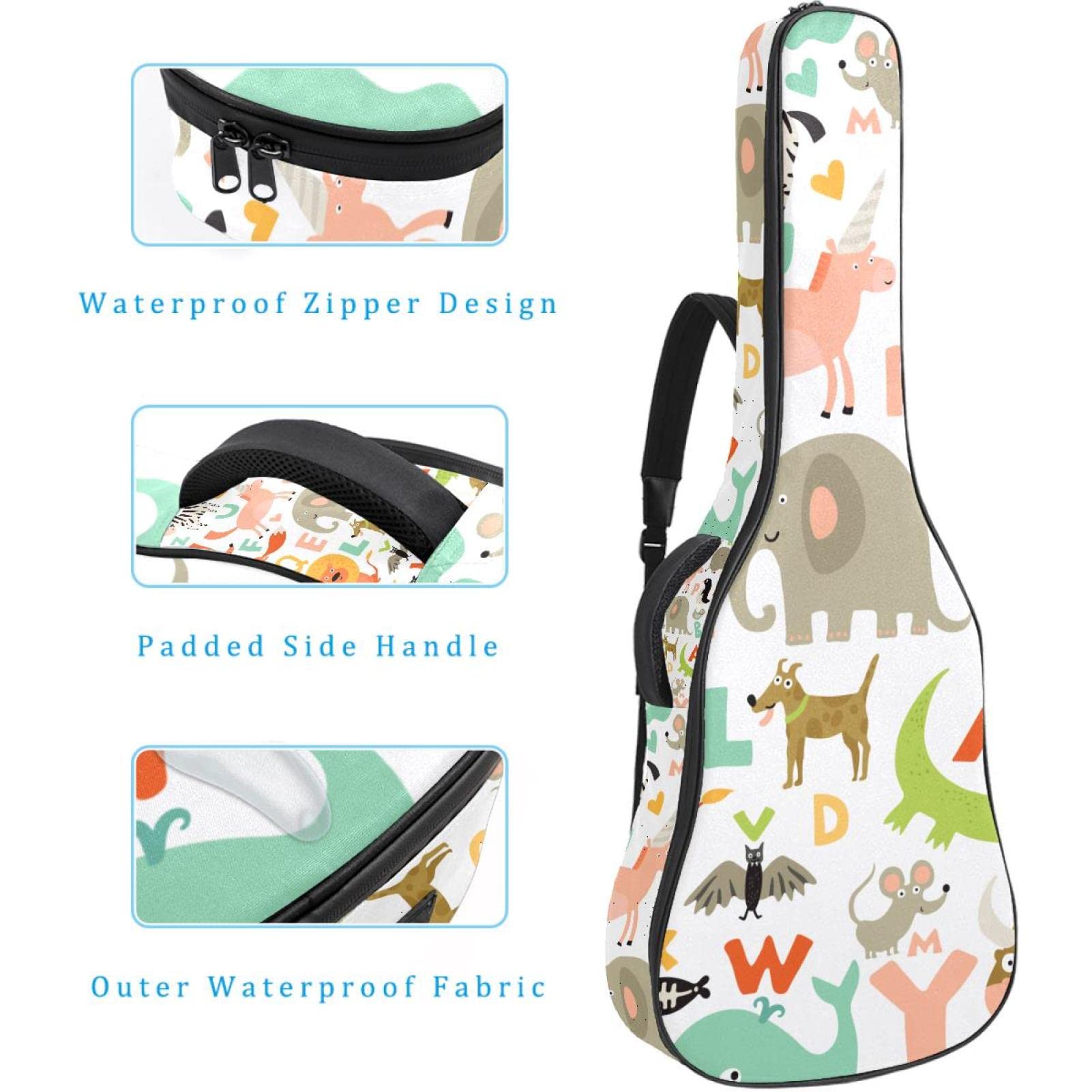 Torba na gitarę akustyczną wodoodporna gitara plecak gruby miękki wyściełany urocze dzieci dzikie zwierzęta alfabety wzór klasyczna gitara obudowa, kolor1, 42.9x16.9x4.7 in, Organizer do torby