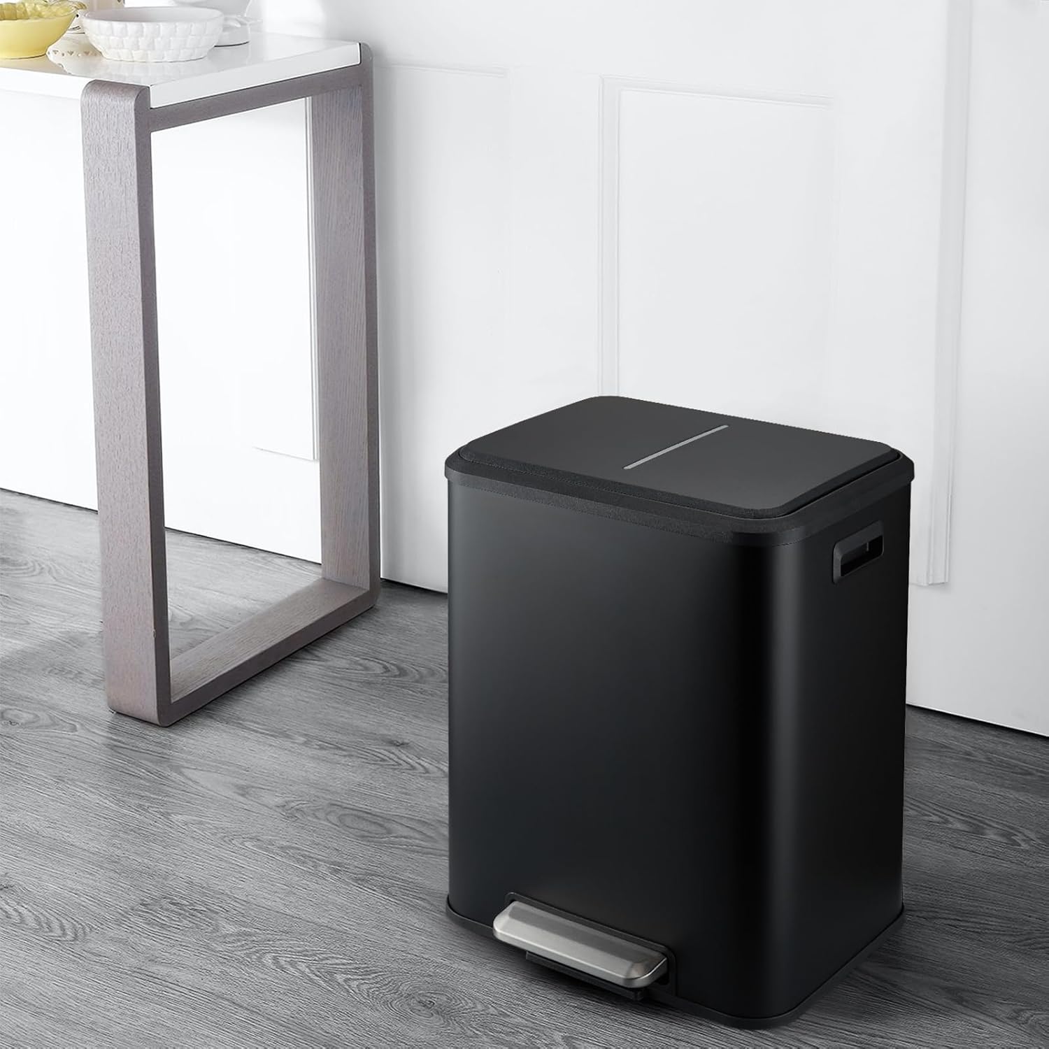 GlowSol Black Kitchen Dual Step Trash Can & Recycle Bin with Soft Close Lid, Touchless Trash Can with Foot Pedal and Inner Bucket, Garbage Bin Kitchen - 8 Gall