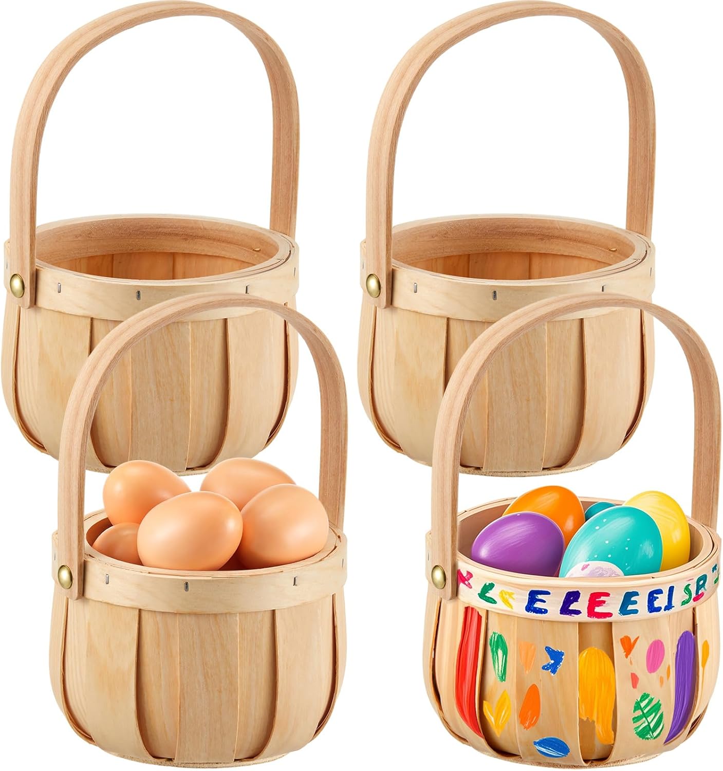 Boao 4 Pcs Small Round Natural Wicker Basket with Handle, Woodchip Wooden Decorative Storage Fall Wooden DIY Gifts, Candy Woven Basket for Home Decor Picnic Storage Halloween Trick or Treat