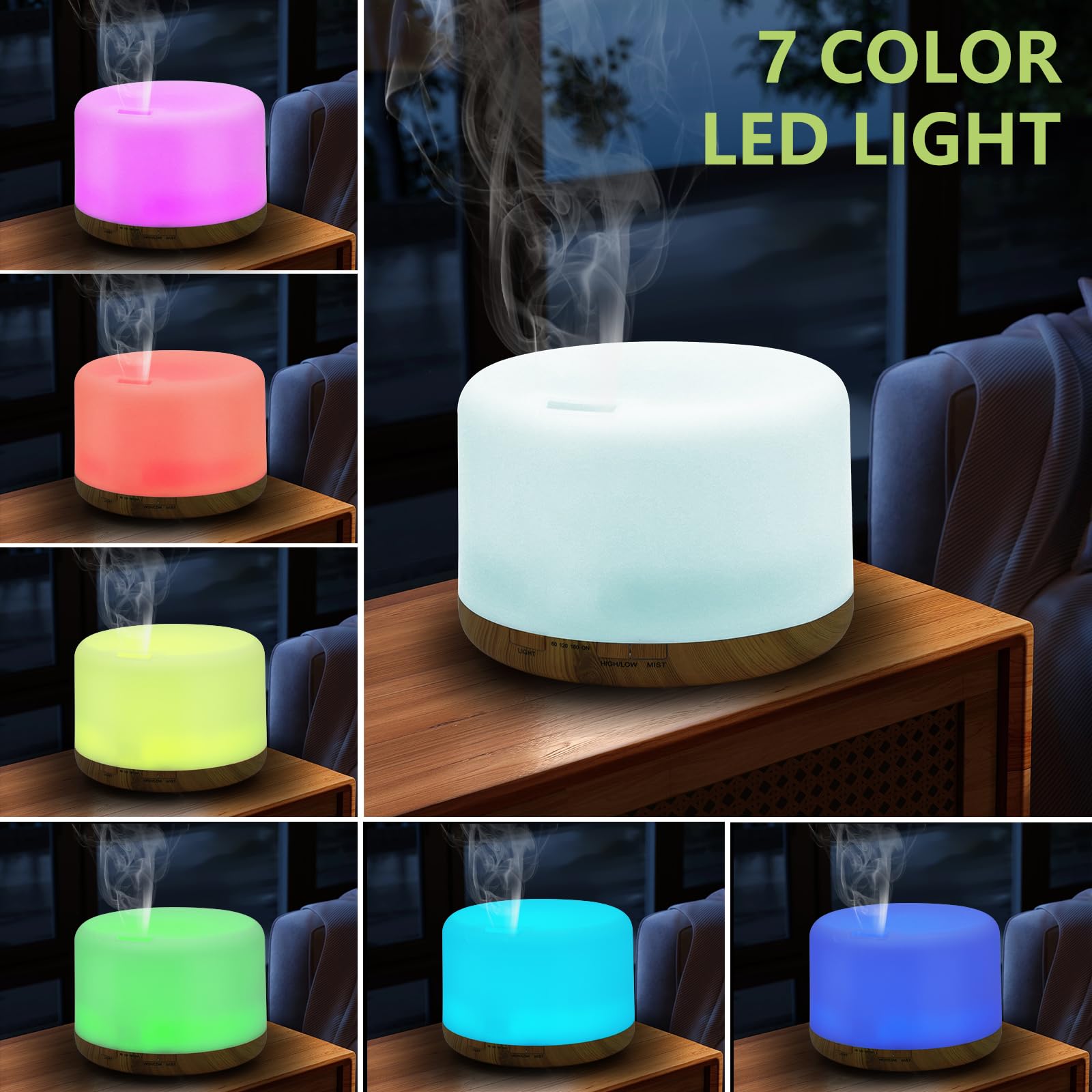 WD&CD Diffusore di Aromi, 1000ml Umidificatore Ultrasuoni con Telecomando/7 LED Colori/Spegnimento Automatico, Diffusore di Oli Essenziali per Spa, Venatura Del Legno Chiaro