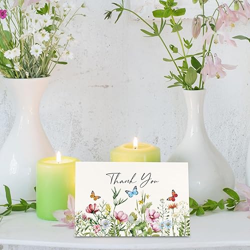 Miniatura 7 de Whaline Paquete de 20 tarjetas de agradecimiento de flores silvestres a granel, tarjetas de felicitación de mariposas con sobres y calcomanías,