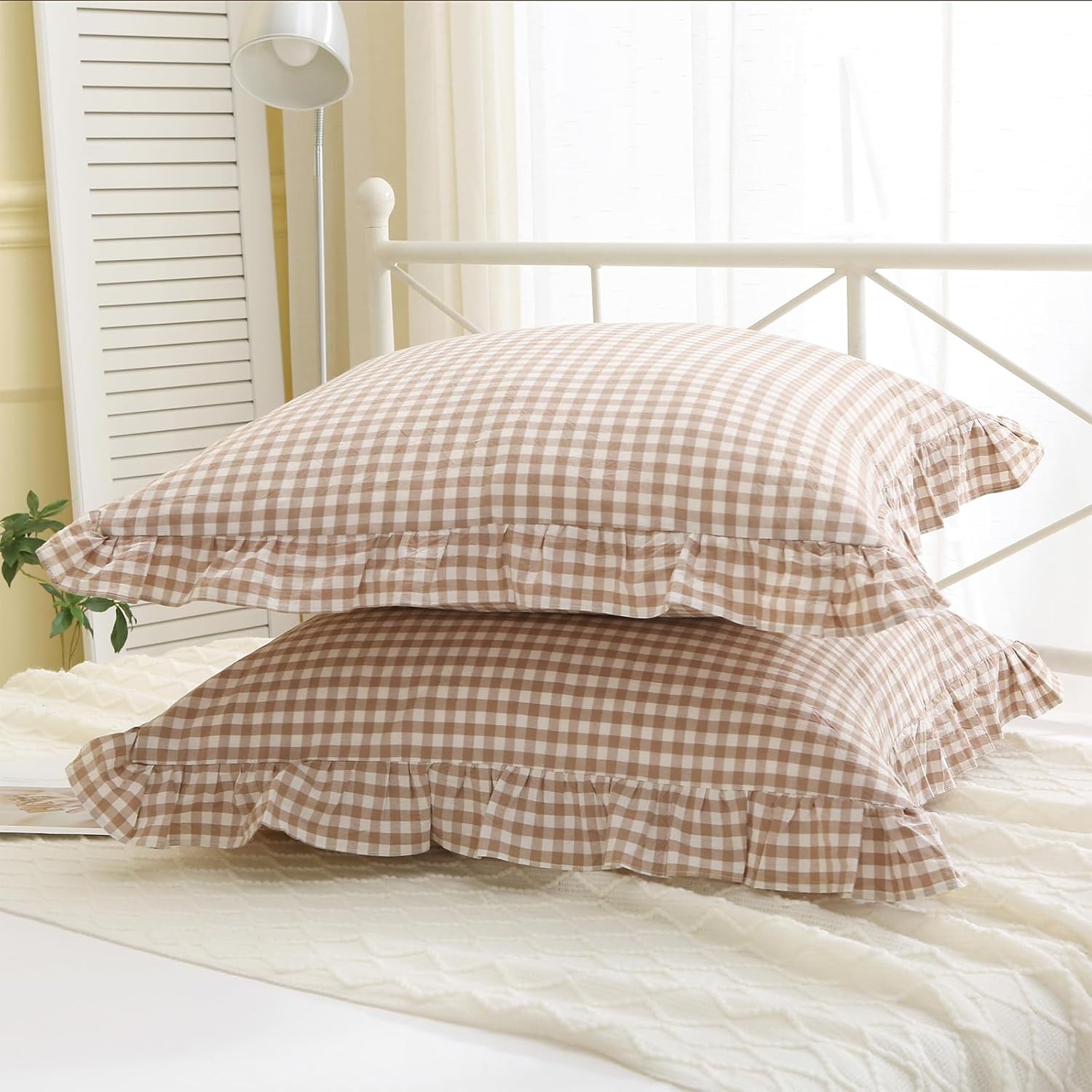 2 Pack Taupe White Plaid Ruffle Gingham Throw Pillow Covers, 100% Washed Cotton Checkered Farmhouse Decorative Pillow Shams for Bed/Sofa Zipper Closure - 22''x22''
