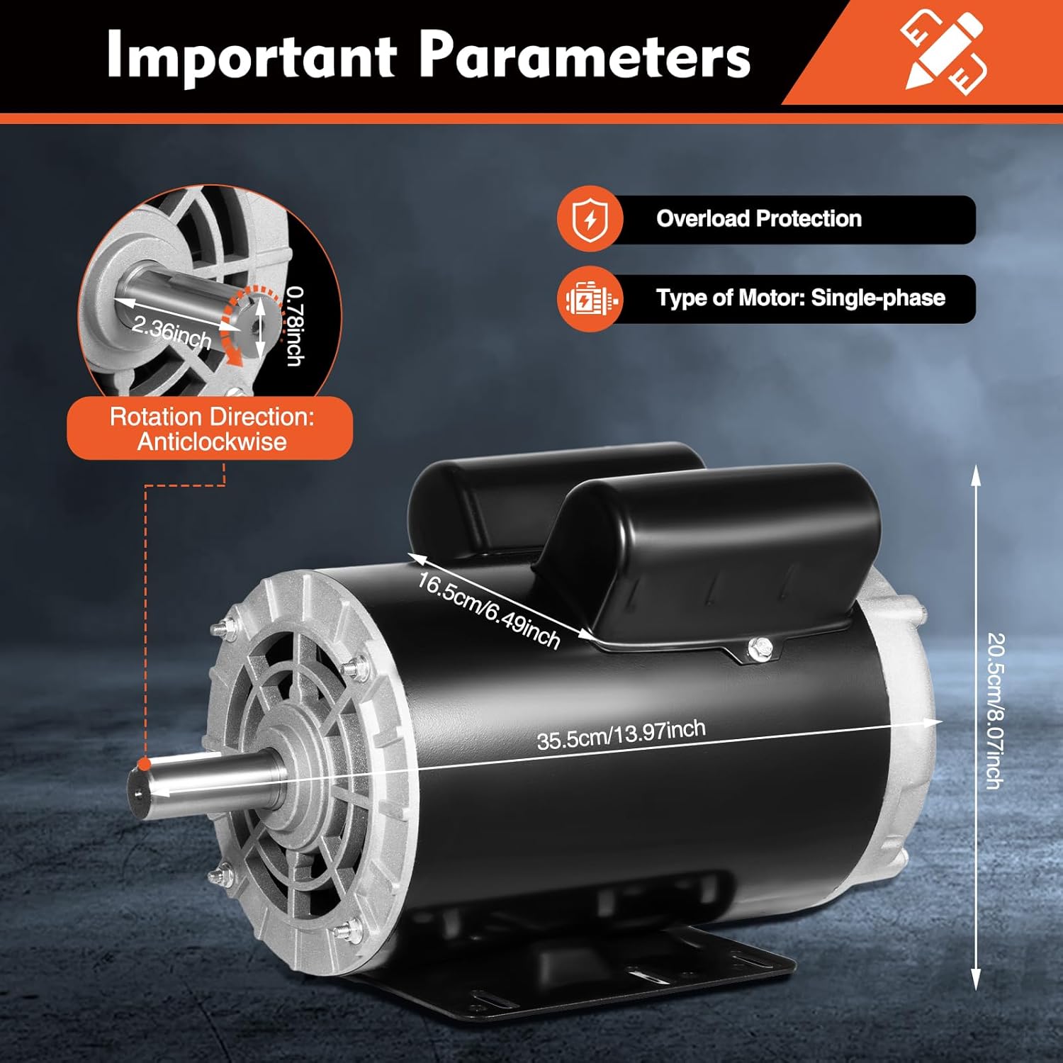 5HP Air Compressor Electric Motor 208-230 Volt Single Phase Electric Motor for Air Compressor 3450 RPM 56 Frame 7/8" Keyed Shaft with Overload Protection