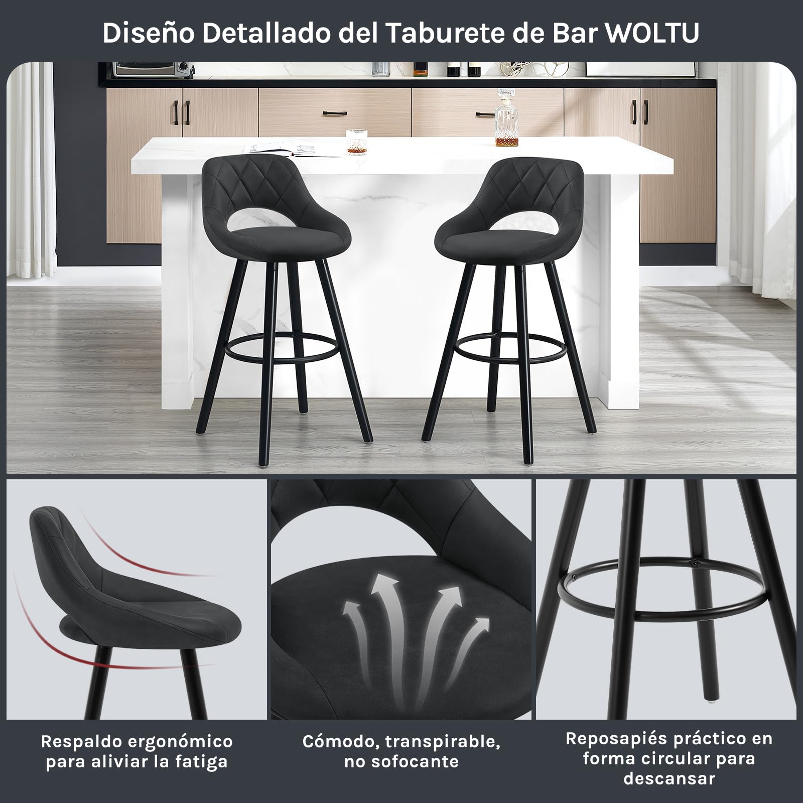 WOLTU Taburete Cocina Alto con Respaldo Ahuecado y Reposapiés, para Bistro, Cafeteria y Cocina, con Funda de Tela Sintética y Patas de Madera, Antracita