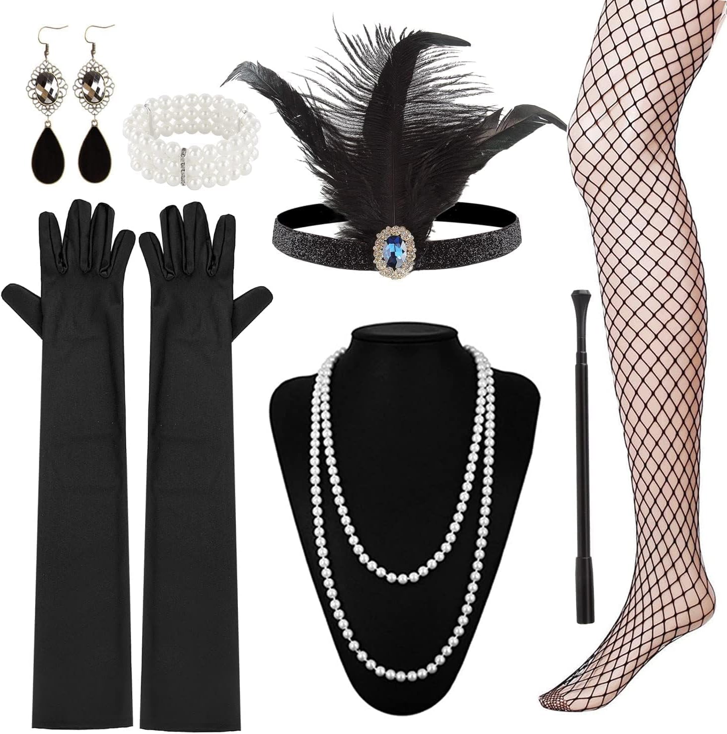 Khazna1920s Bachelorette Party Vintage Feather Headband Set Headdress Necklace Glove Pole Crosses Borders, 12, black, DY0444-LH