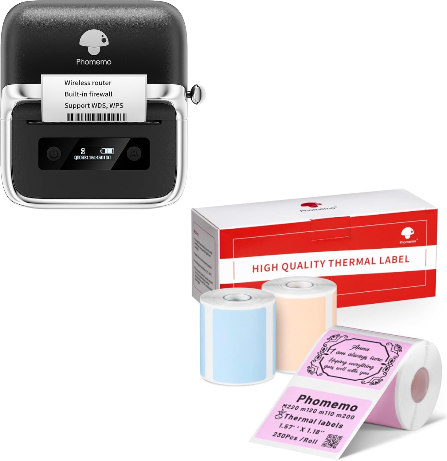 Phomemo M250 3 Inch Label Maker Machine with Tape, 2025 Upgrade Portable Barcode Label Printer for Business, Home, Logo Label, with Square Thermal Color Label,1.57'' x 1.18''