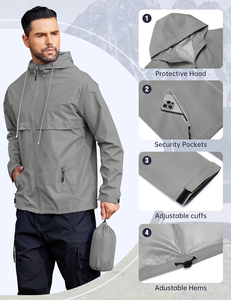 COOFANDY Men's Rain Jacket Waterproof with Hood Packable Rain Coat Lightweight Windbreaker for Hiking Golf Outdoor