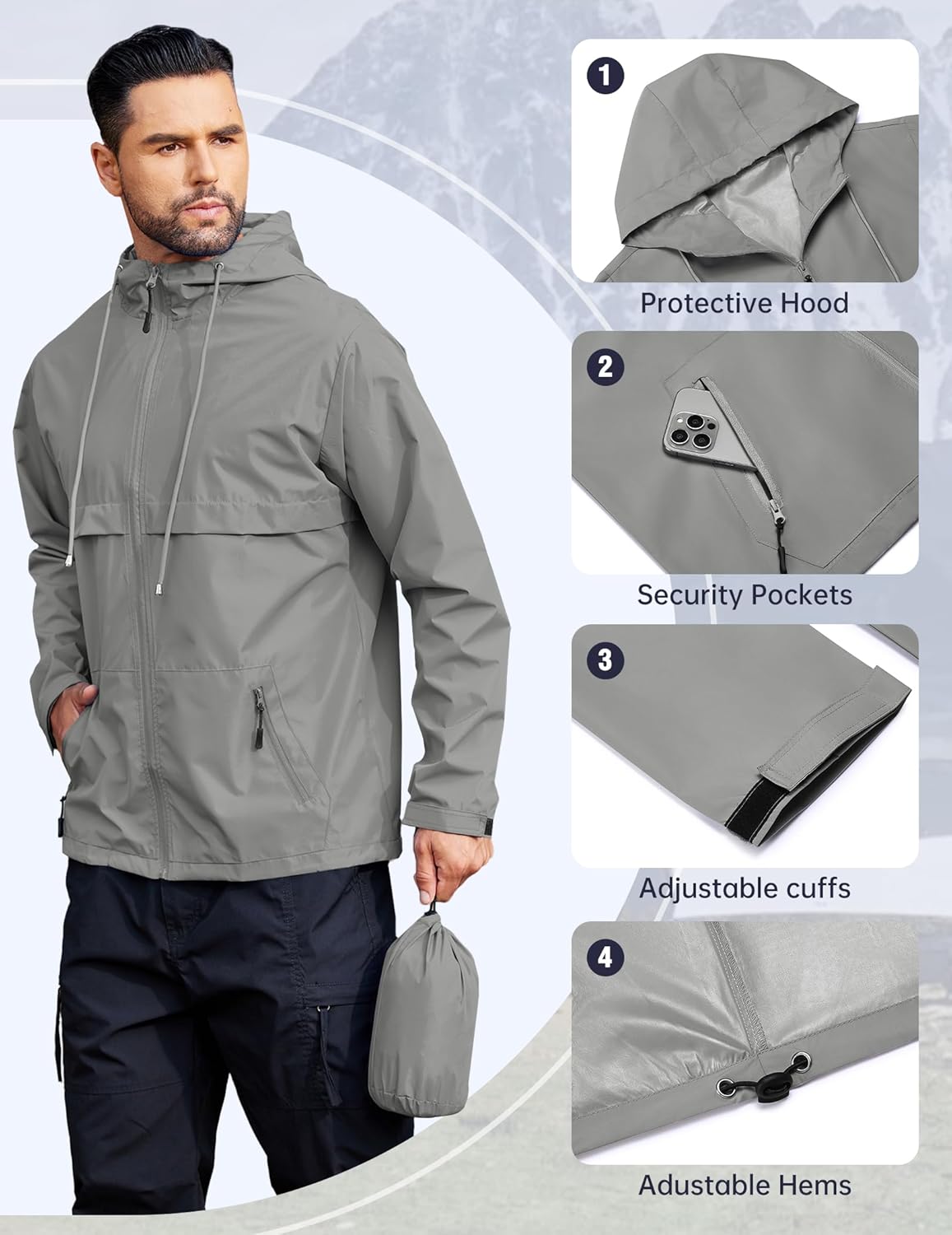 COOFANDY Men's Rain Jacket Waterproof with Hood Packable Rain Coat Lightweight Windbreaker for Hiking Golf Outdoor