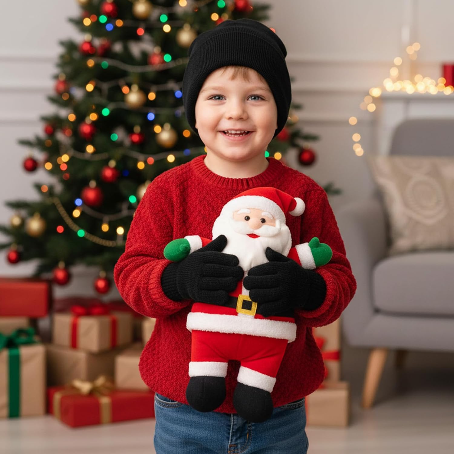 Kids Winter Beanies Hat and Gloves Set for Boys Girls, Warm Knitted Cap and Full Finger Gloves for Cold Weather