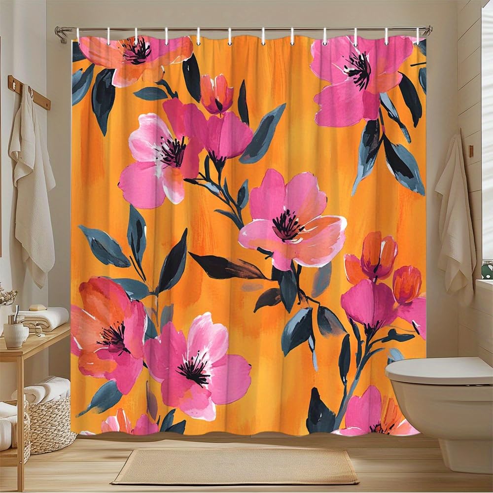 GLWDMB 1 Piece 180x180CM Watercolor Orange Flowers and Green Leaves Printed Shower Curtain With Hook, Polyester, for Windows And Walls, Bathtub, Bathroom, Machine Washable, All Season Universal