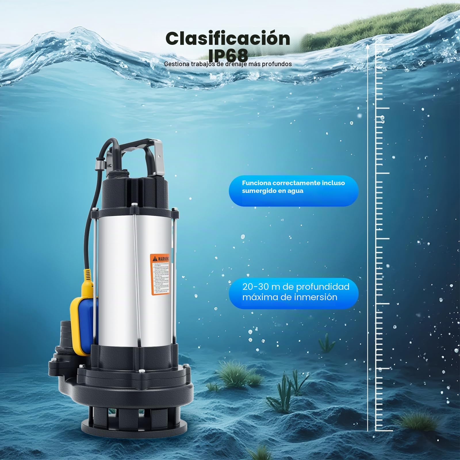 Bomba de agua sucia de 1500 W, 36000 l/h, acoplamiento, bomba de agua, bomba sumergible, flotador y trituradora