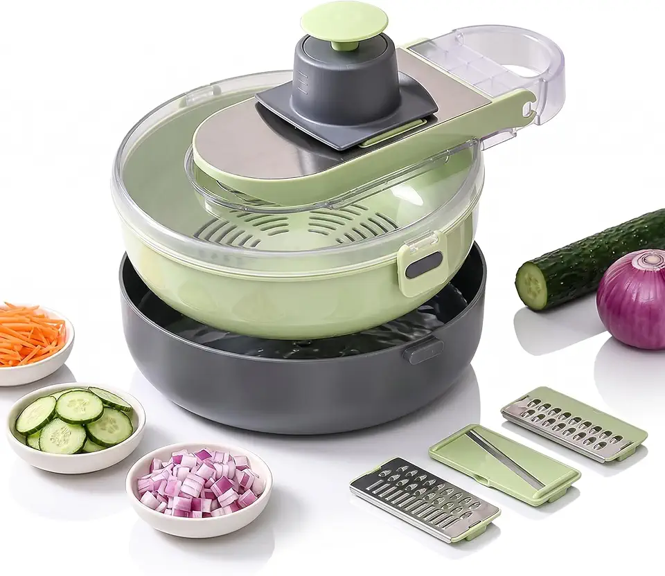 Cortador e Fatiador de Legumes Multifuncional 9 em 1, Ralador Mandoline com Cesto Escorredor e Recipiente, Lâminas de Aço Inox Intercambiáveis e Protetor de Mãos, Cores Variadas