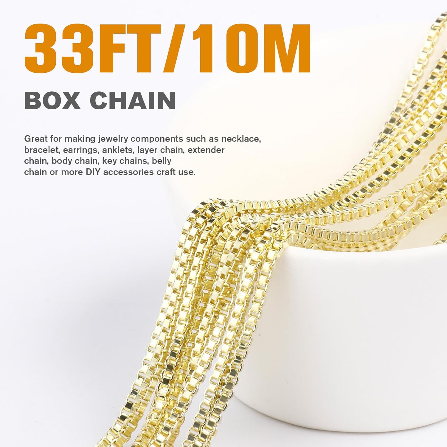 [33 FT] Gold Box Chains Roll, 2mm Wide 14K Gold Plated Brass Box Chains Spool Bulk for Jewelry Making - Image 2