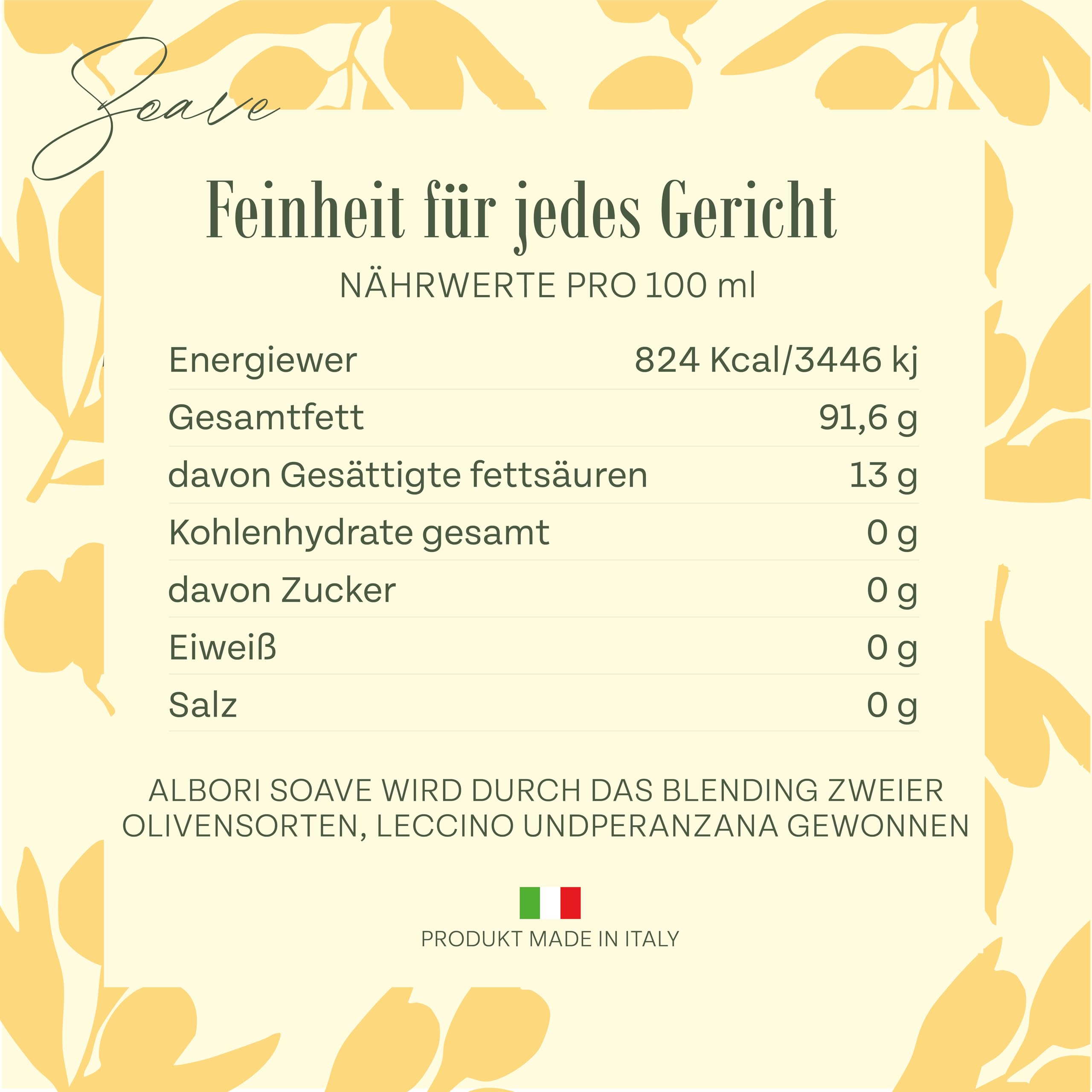 ALBORI Soave - Olivenöl 5 Liter NEU 2025/2026 Italienisch Extra Nativ Apulisches Kaltgepresst - Mischung Zarter Geschmack für Fisch Fleisch Gemüse, Verschwendungsfreier, Ausgießer Kein Umfüllen Nötig
