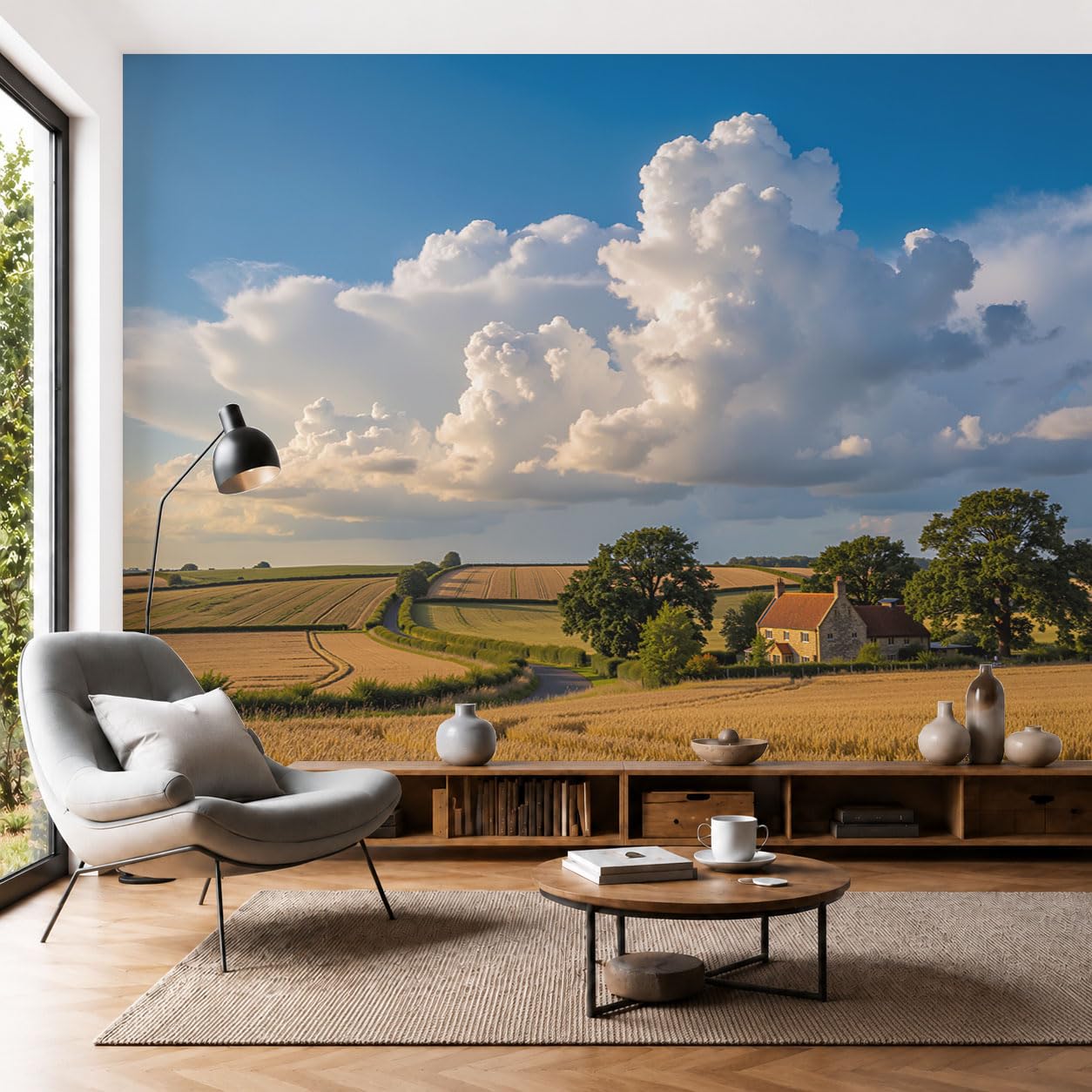Papier Peint Panoramique Nuages bleu jaune grand paysage de campagne 300x210