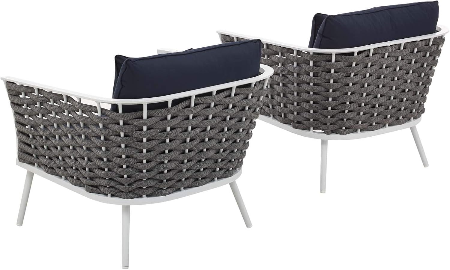 Modway Stance Outdoor Patio Woven Rope Two Dining Arm Chairs with Cushions in White Navy