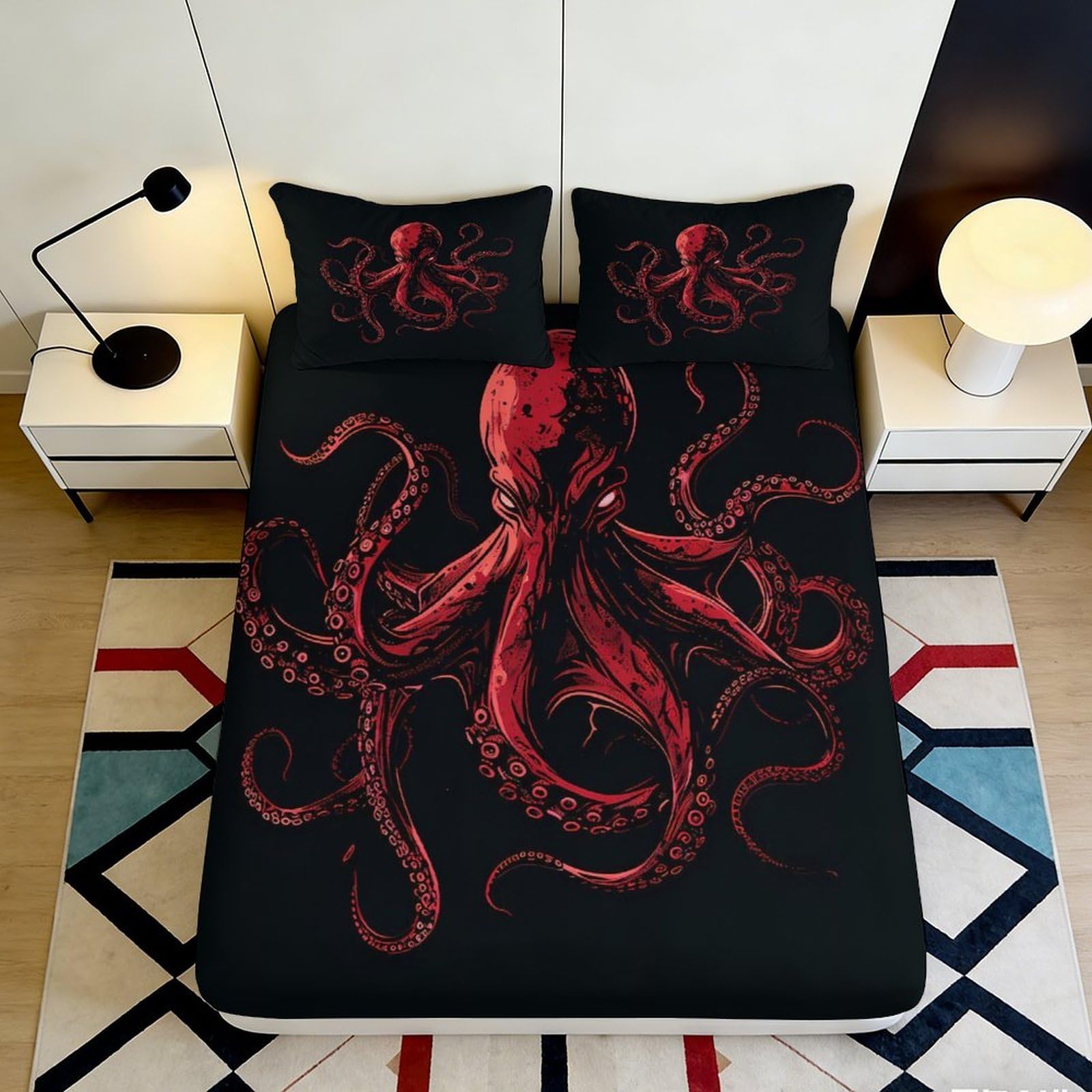 Pnayamiorkfel Style-10 3D Printed Red Octopus Fitted Sheet Microfiber Soft Black Sea Creature Bed Cover For Bedroom Guest Room Decor 90X200x25cm