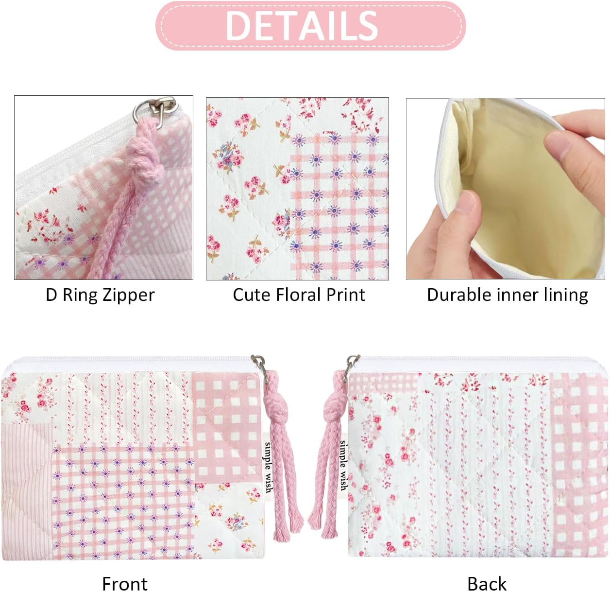 Cotton Quilted Floral Coin Purse Digital Camera Pouch with Cute Prints Zipper for Women Girls (PINK PATCH)