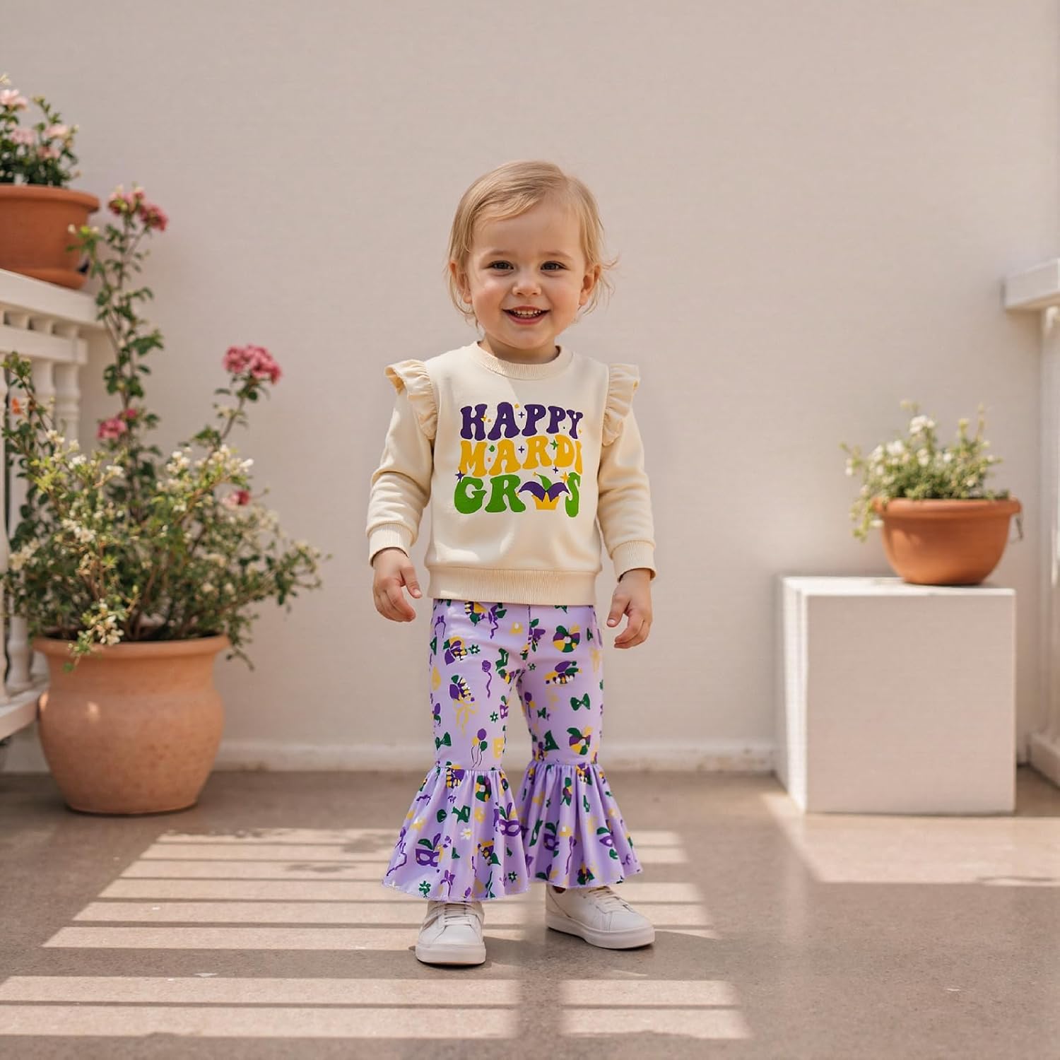 Toddler Baby Girl Outfit Letter Print Ruffle Long Sleeve Sweatshirt Top Flare Pants 2Pcs Clothes Set - Image 2