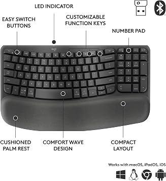 Logitech Wave Keys for Business, Wireless Ergonomic Keyboard with Cushioned Palm Rest, Secure Logi Bolt Technology, Bluetooth, Compatible with Windows/Mac/Chrome/Linux - Graphite