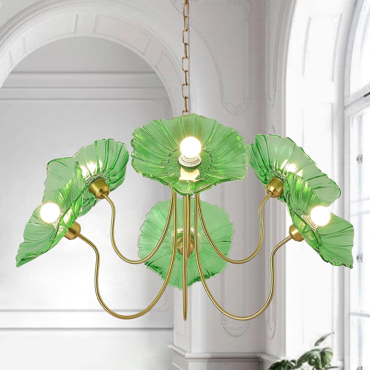 Stesulfr Vintage Floral Glass Chandelier 6-Light Large Pendant Light with Green Flower Shades Gold Brass Chandelier Hanging Ceiling Light Fixture Dining Room Kitchen Island Living Room Bedroom(Green)