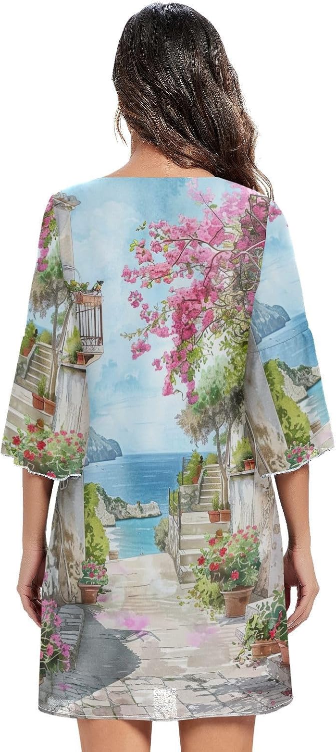 Romantic Italian Alleyway V Neck Dress Printed Chiffon Dress Beach S-XXL