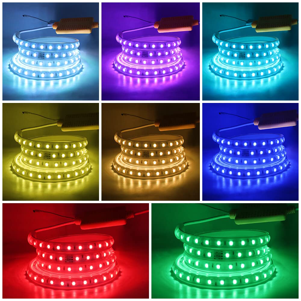 RGB LED Streifen, 15M 220V SMD5050 60LEDs/m Flexibel Bunt Streifen, Außenbereich Multi-Farbwechsel LED Lichtband mit 24 Tasten Fernbedienung & 1000W Wasserdichte Regler für Wohnzimmer, Balkon