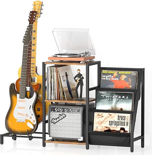 Miniatura 9 de Bikoney - Soporte para tocadiscos, soporte para guitarra acústica, eléctrica, bajo con soporte para amplificador, almacenamiento de discos de vinilo