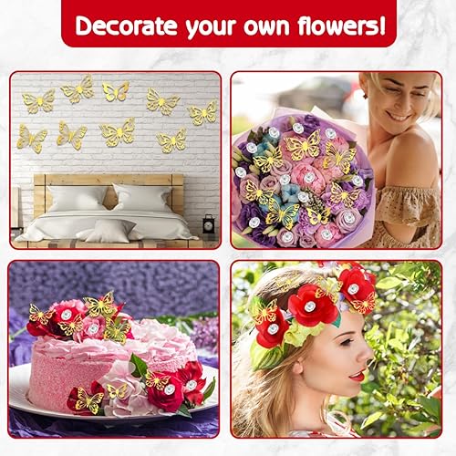 Miniatura 4 de 40 hojas de papel de regalo de flores impermeables con 48 piezas de decoración de mariposa dorada 3D, 100 alfileres de perlas y cinta de satén de 25