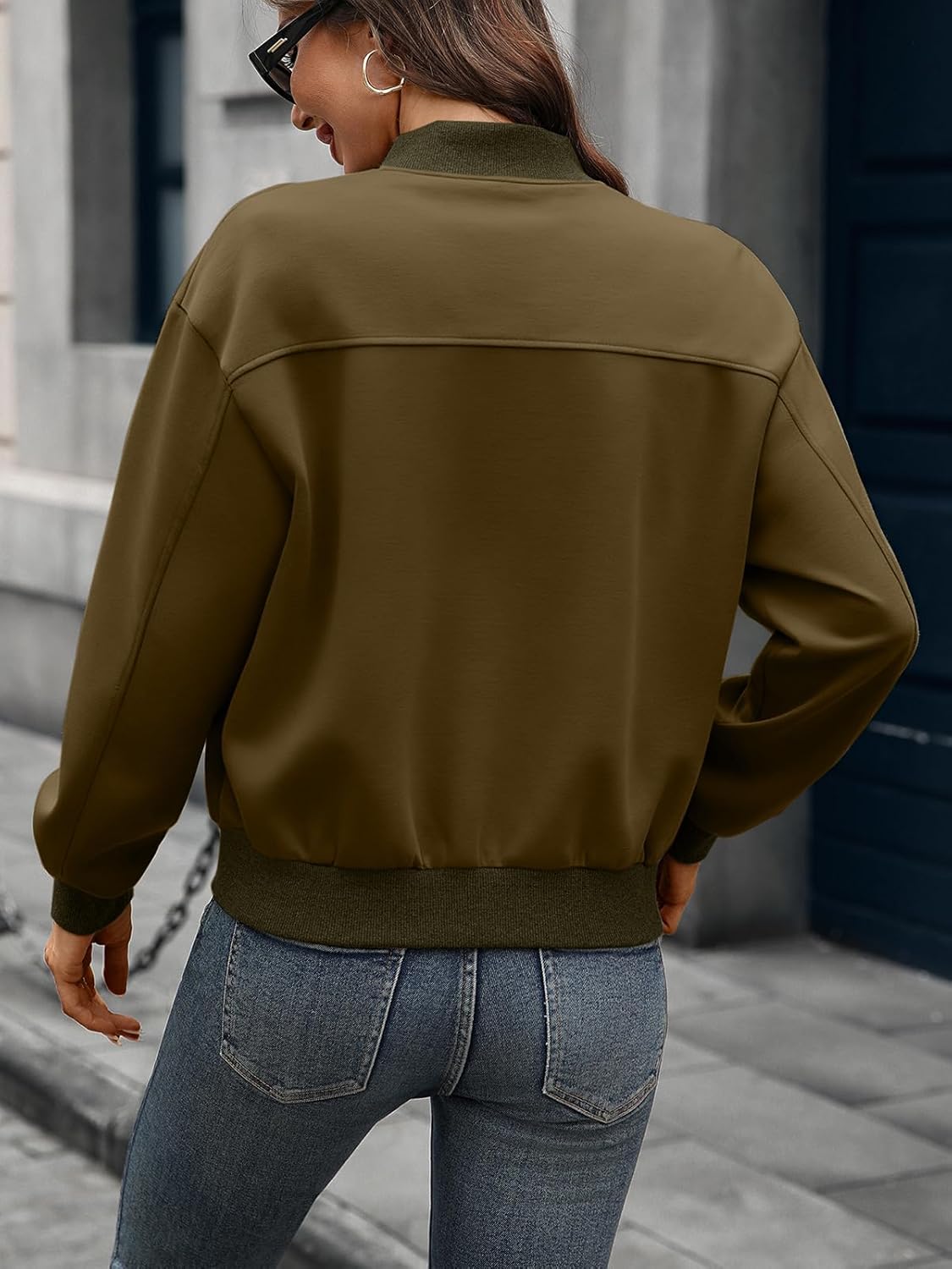 AMZANGEL Women's Zip up Bomber Jacket Cropped Oversize Long Sleeve Drop Shoulder Casual Jackets with 4 Pockets - Image 5