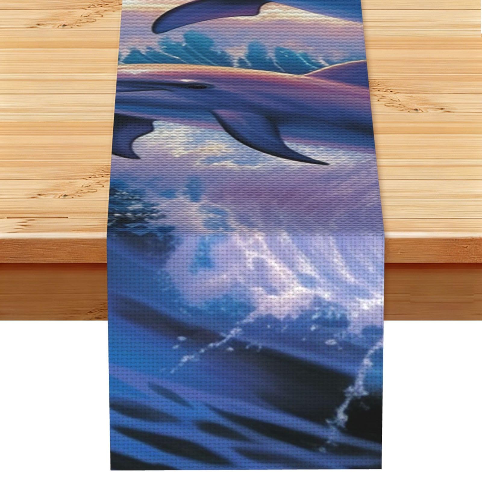 Dolphins Art Table Runner 13x72 Inch Cotton Linen Table Linen Washable Farmhouse Tablecloth Modern Abstract Art Kitchen Dinning Table Decoration for Home Party Decor